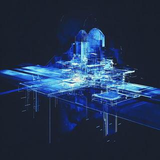 Redblue Megalith Anime style, Midjourney V6.1: technical infrastructure blueprint schematics