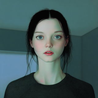 Turbid Reprographism style, Midjourney V6.1: photographic portrait of female protagonist