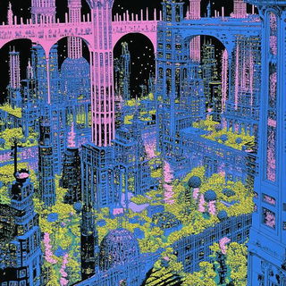 Brushfire Shrineward style, Midjourney V6.1: megacity with futuristic bioarchitecture