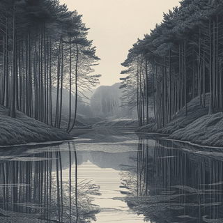 Puppetgraph style, Midjourney V6.1: realistic landscape photograph of quiet dawn