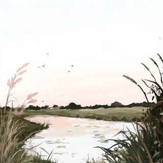 Floramask style, Midjourney V6.1: realistic landscape photograph of quiet dawn
