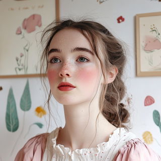 Floramask style, Midjourney V6.1: photographic portrait of female protagonist