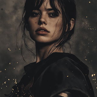 Oroplume style, Midjourney V6.1: photographic portrait of female protagonist