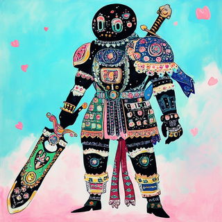 Ringskin style, Midjourney V6.1: concept art character design of retropunk steam knight