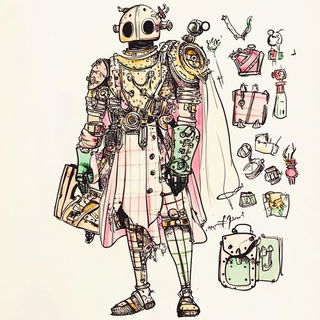 Sootographia style, Midjourney V6.1: concept art character design of retropunk steam knight