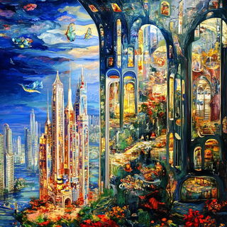 Sunglass Riverism style, Midjourney V6.1: megacity with futuristic bioarchitecture