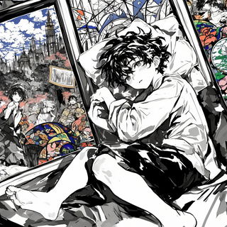 Sunglass Riverism style, Midjourney V6.1: black-and-white manga comic strip