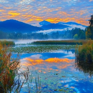 Sunglass Riverism style, Midjourney V6.1: realistic landscape photograph of quiet dawn