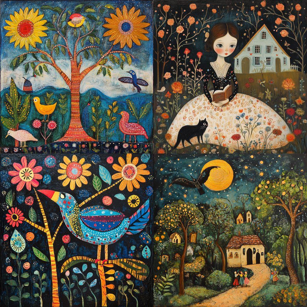 Folk art style, Midjourney V6.1, render 1 of 4