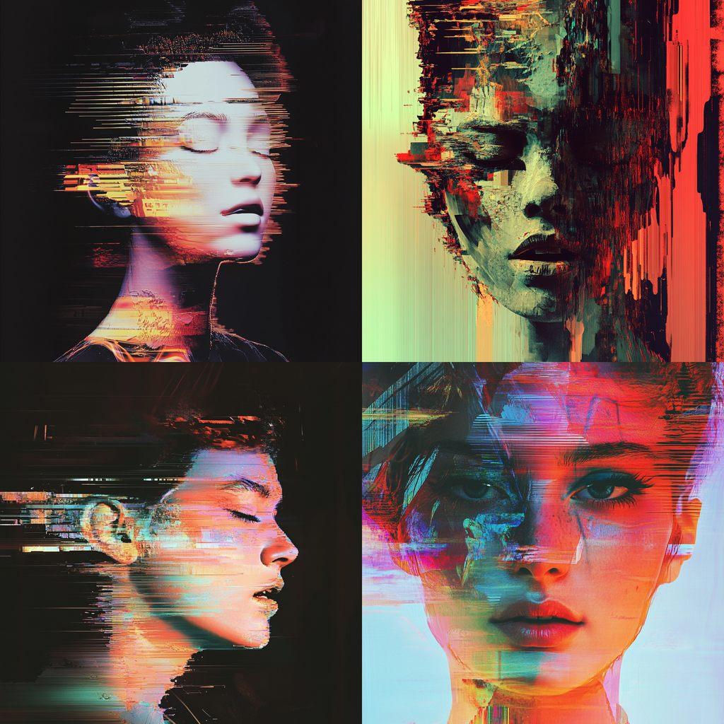 Glitch art style, Midjourney V6.1, render 1 of 4