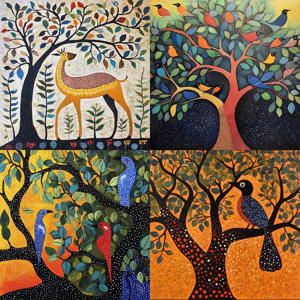 Gond painting style, Midjourney V6.1, render 1 of 4