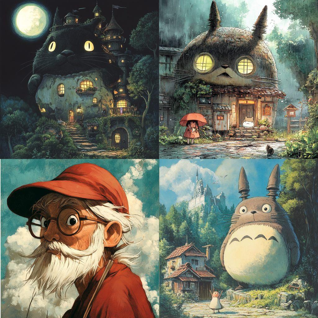 Hayao Miyazaki style, Midjourney V6.1, render 1 of 4