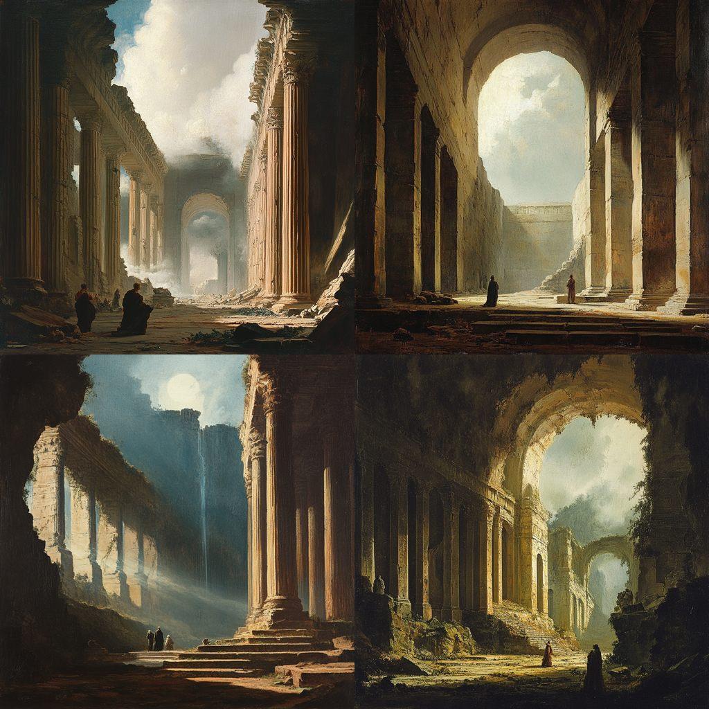 Hubert Robert style, Midjourney V6.1, render 1 of 4