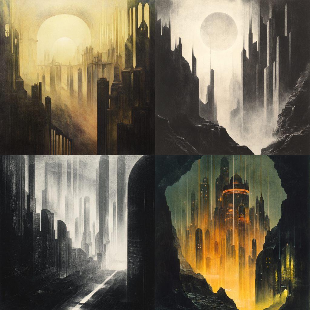 Hugh Ferriss style, Midjourney V6.1, render 1 of 4