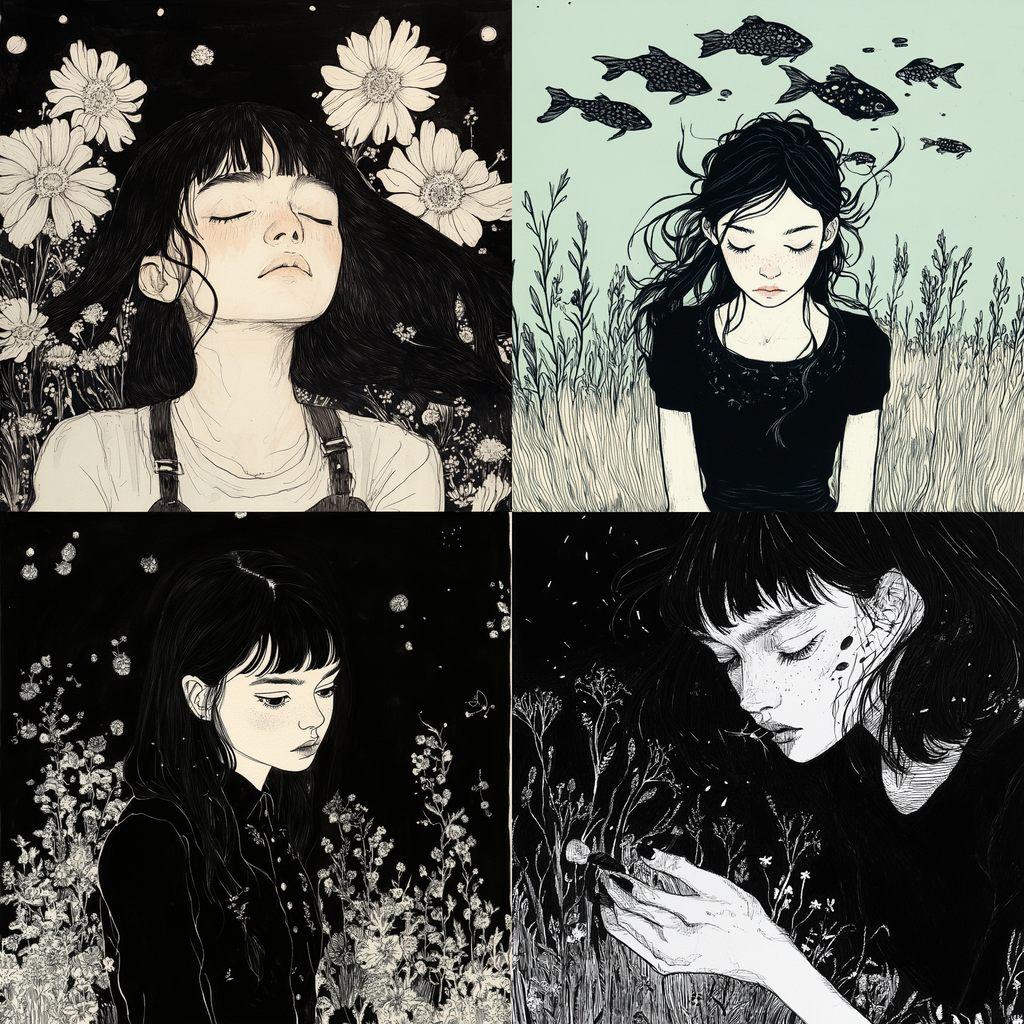 Jillian Tamaki style, Midjourney V6.1, render 1 of 4
