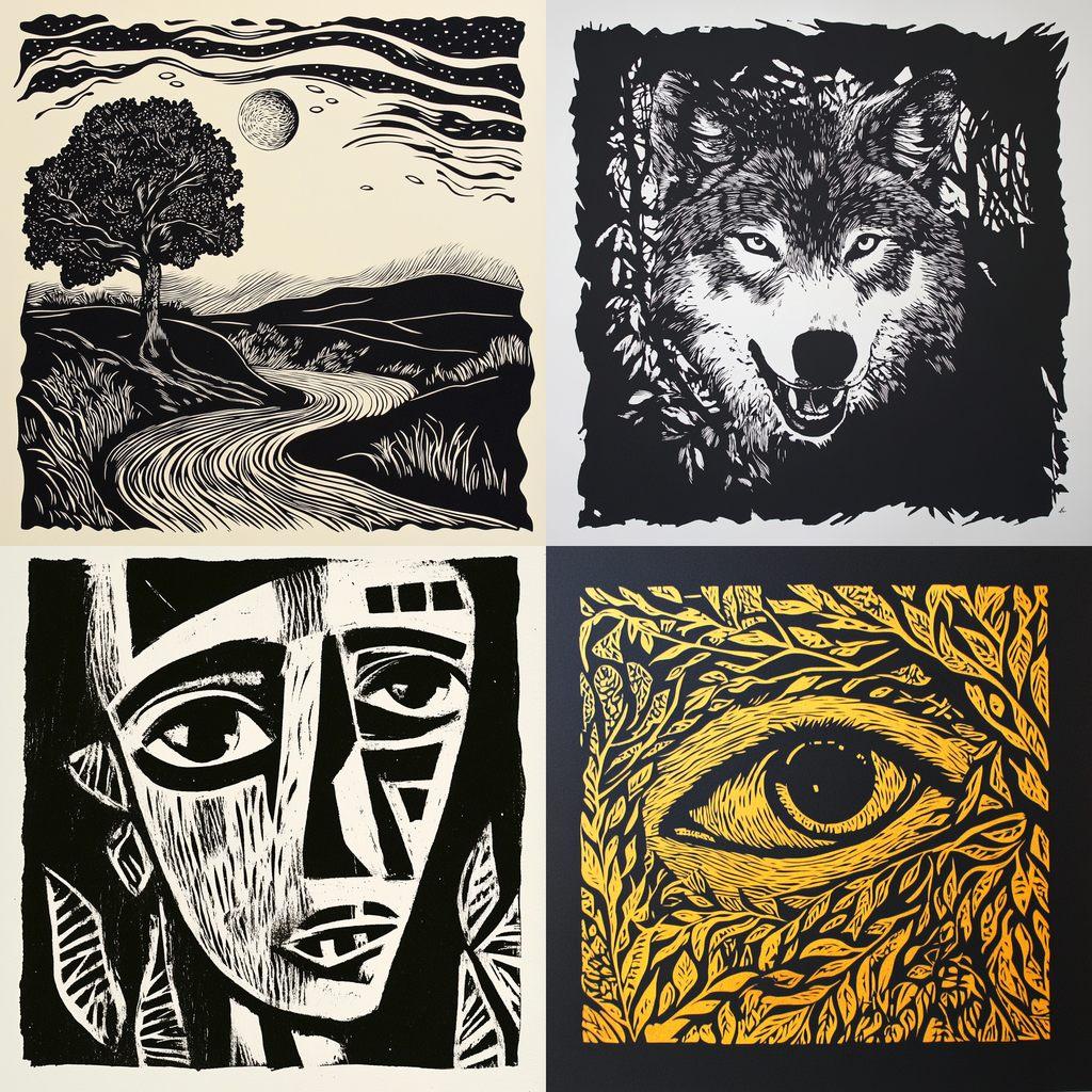 Linocut print style, Midjourney V6.1, render 1 of 4