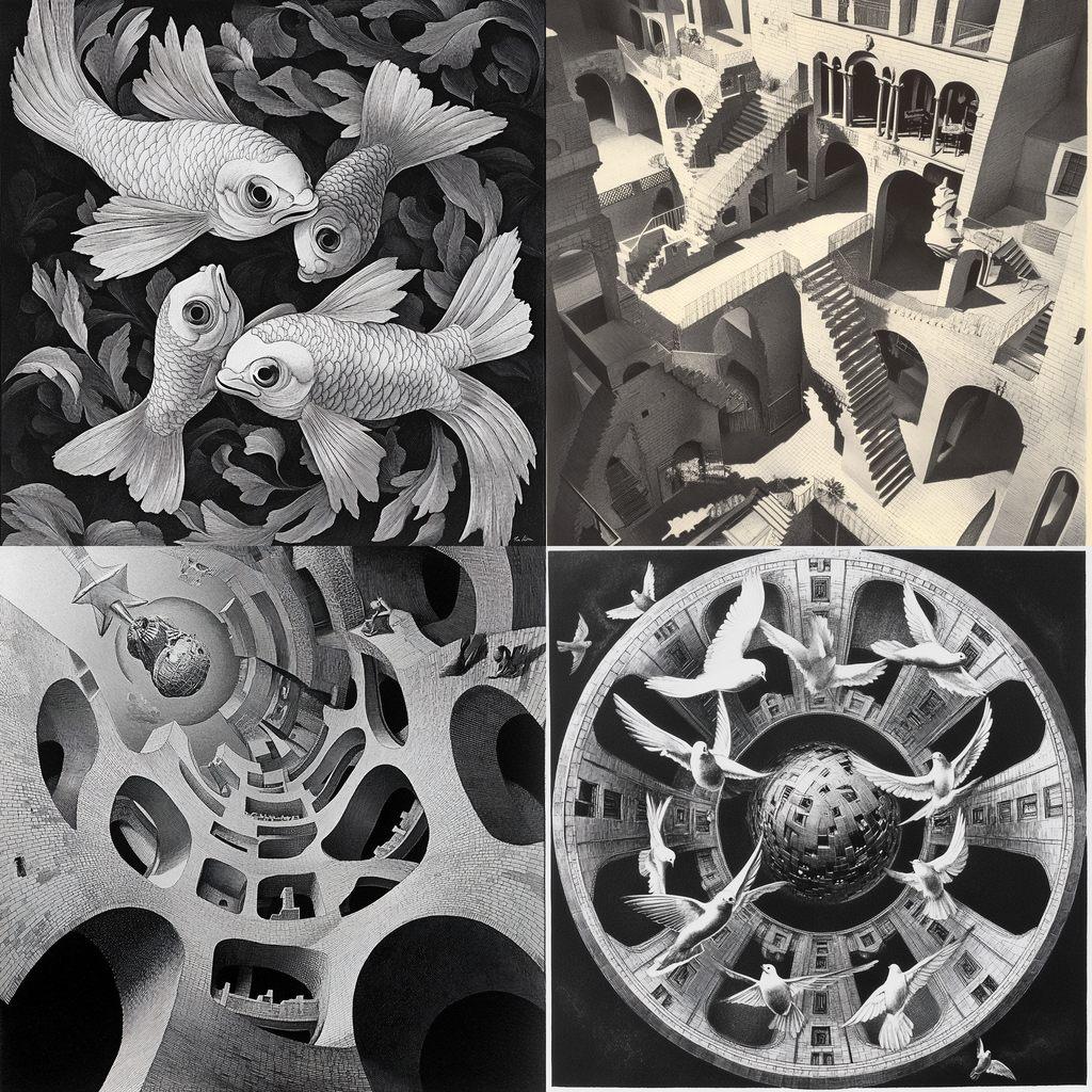 M. C. Escher style, Midjourney V6.1, render 1 of 4