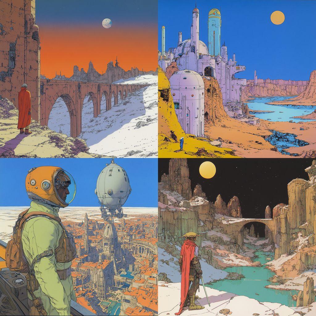 Moebius style, Midjourney V6.1, render 1 of 4