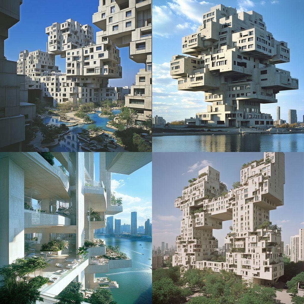 Moshe Safdie style, Midjourney V6.1, render 1 of 4