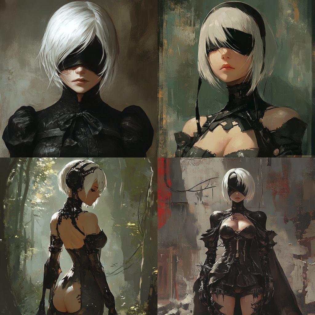 Nier Automata style, Midjourney V6.1, render 1 of 4
