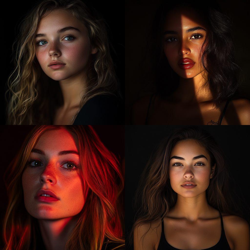 Portrait shot with bottom lighting style, Midjourney V6.1, render 1 of 4