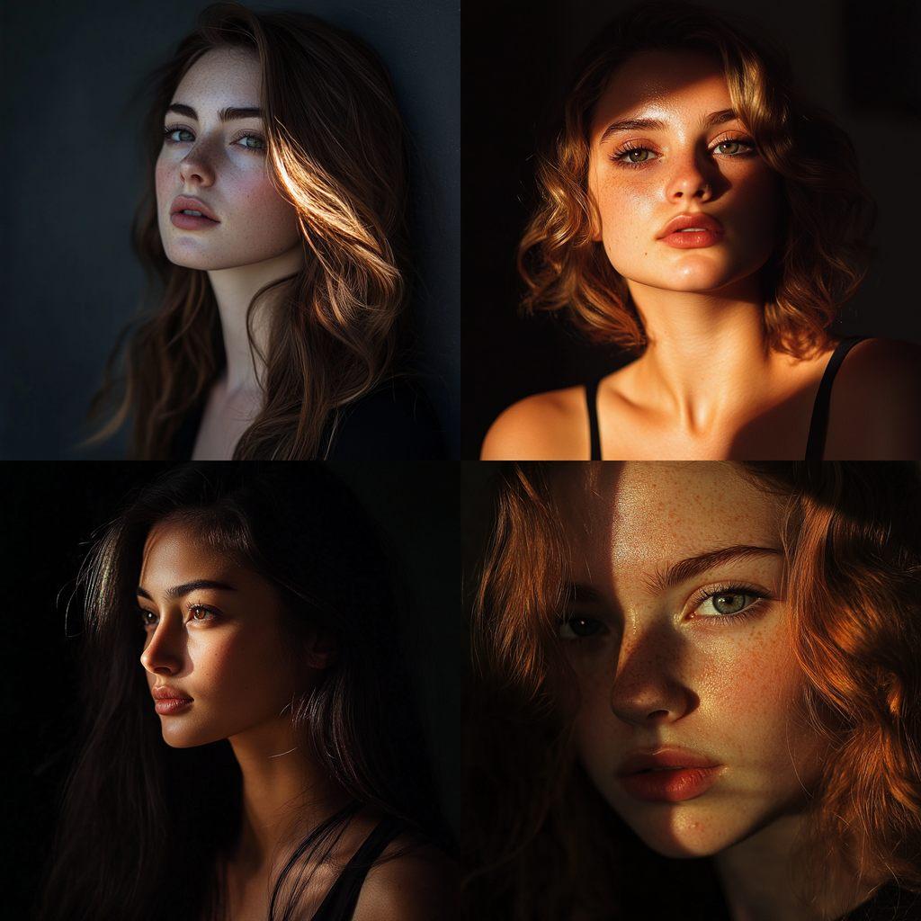 Portrait shot with contrasty lighting style, Midjourney V6.1, render 1 of 4