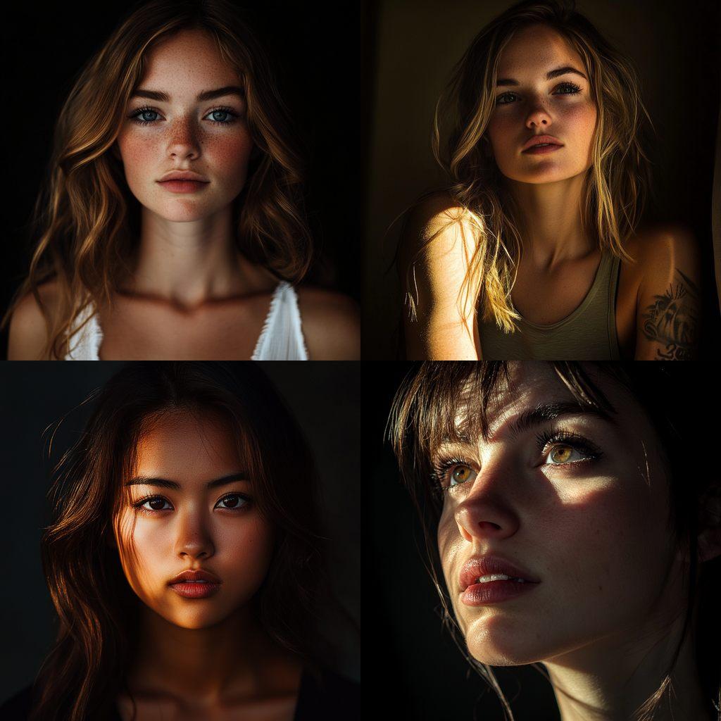 Portrait shot with hard lighting style, Midjourney V6.1, render 1 of 4