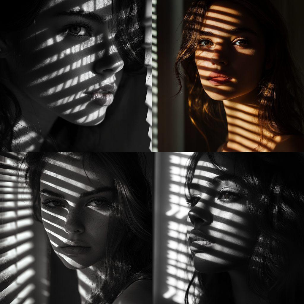 Portrait shot with light and shadow from window blinds style, Midjourney V6.1, render 1 of 4