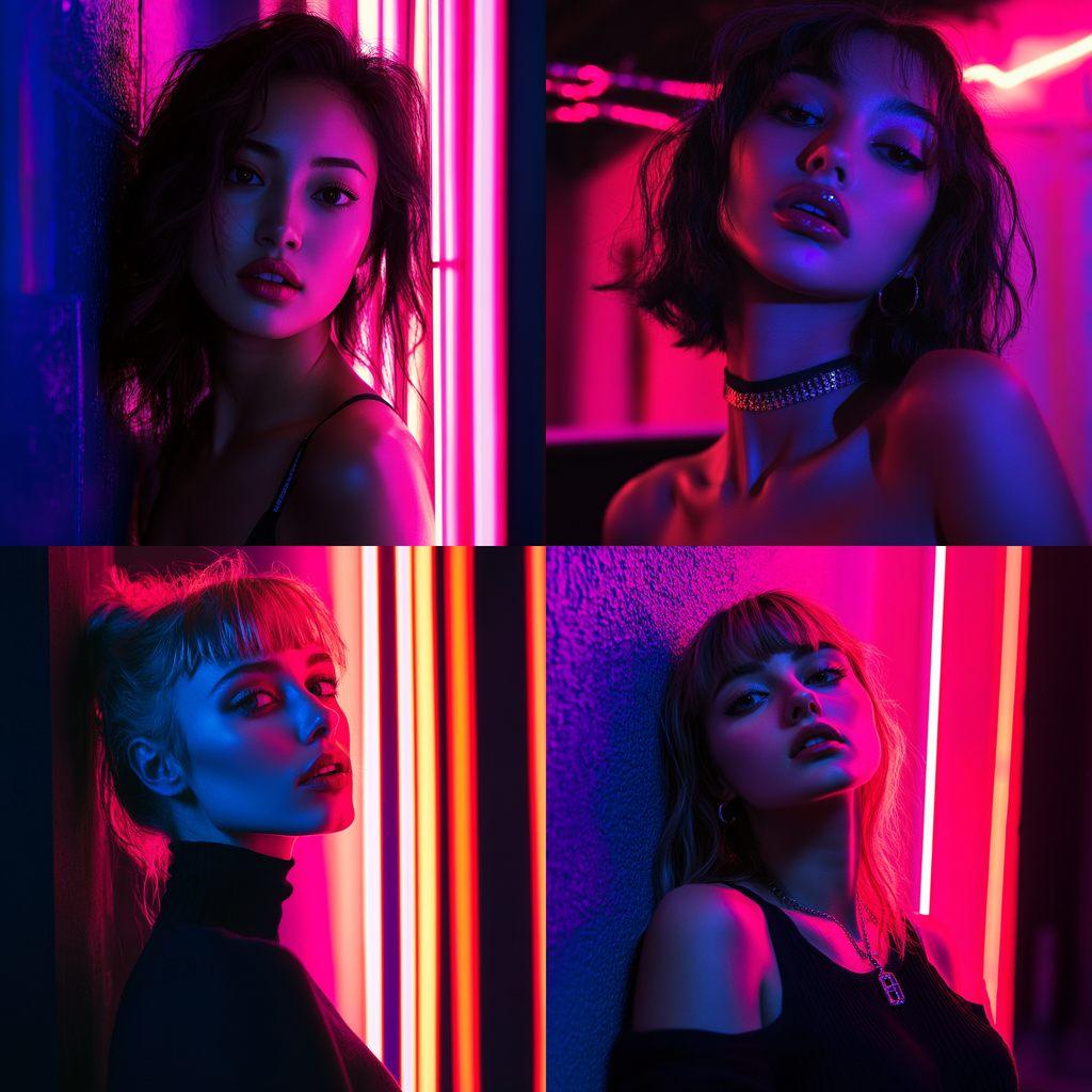 Portrait shot with neon lighting style, Midjourney V6.1, render 1 of 4