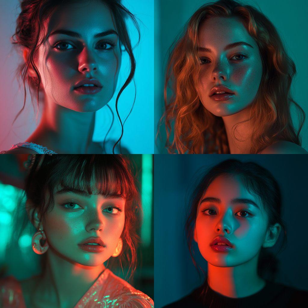 Portrait shot with peach and cyan lighting style, Midjourney V6.1, render 1 of 4