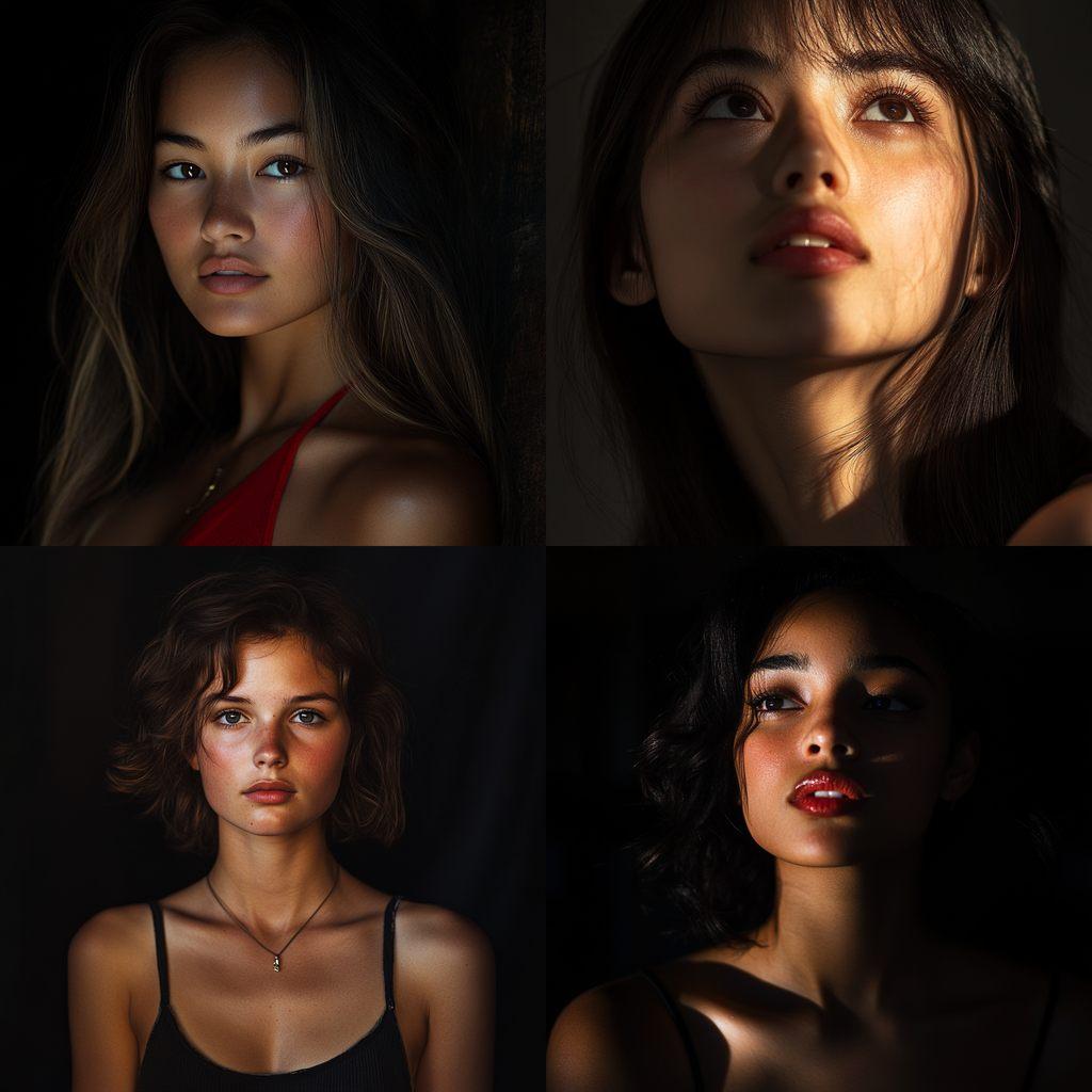 Portrait shot with top lighting style, Midjourney V6.1, render 1 of 4