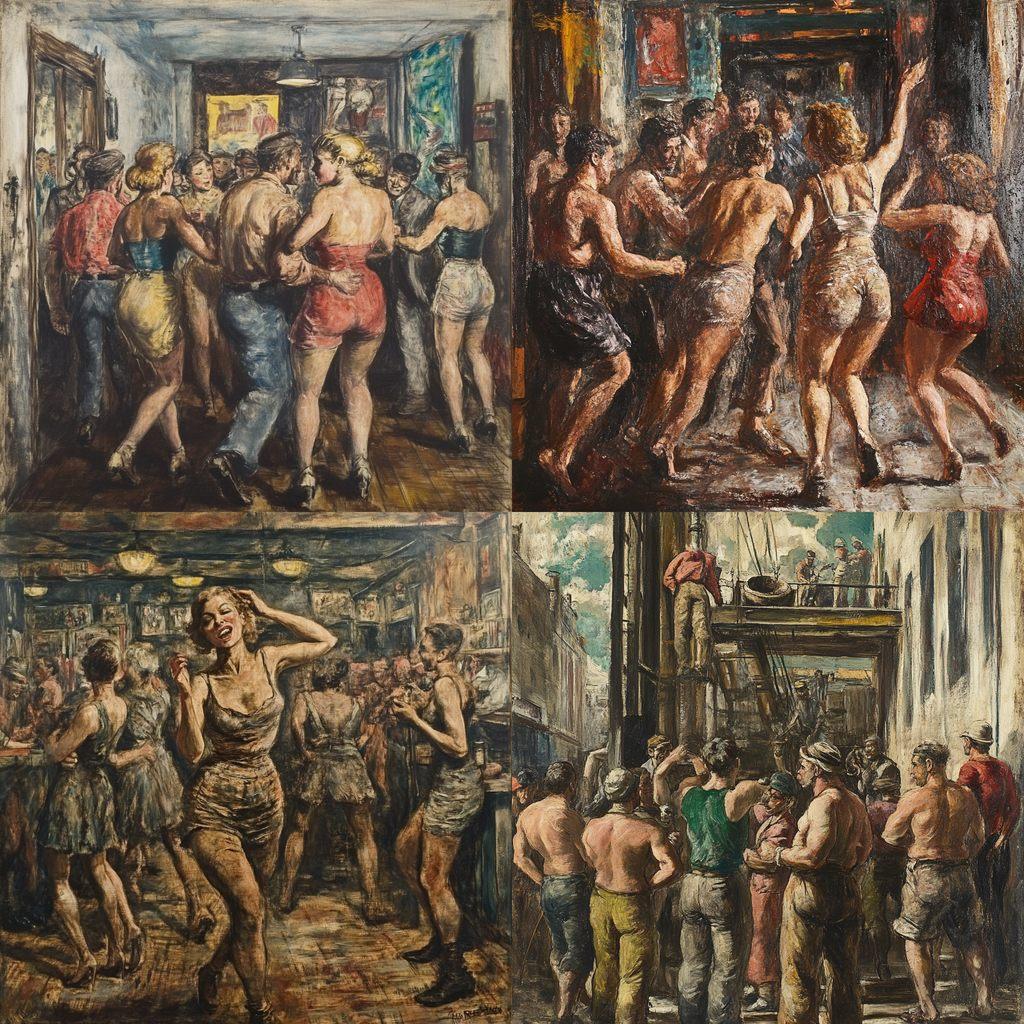 Reginald Marsh style, Midjourney V6.1, render 1 of 4
