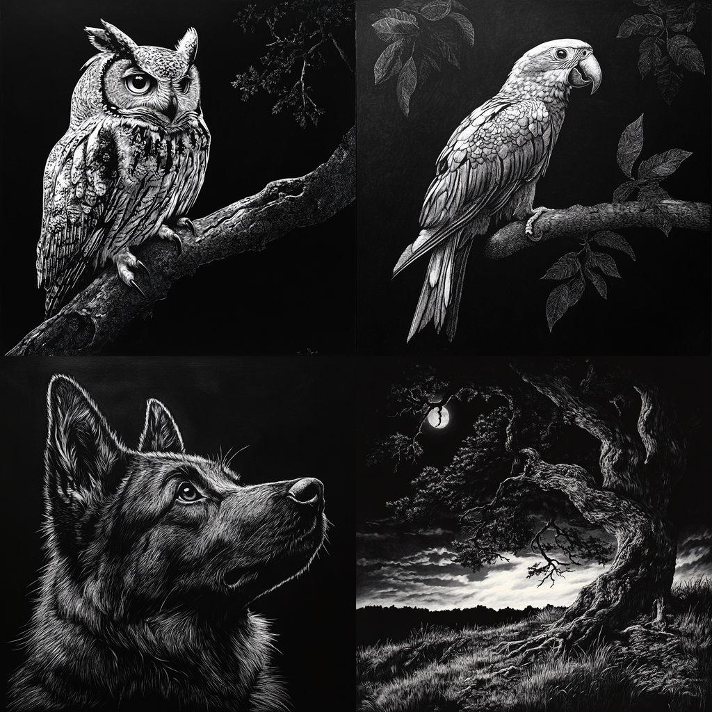 Scratchboard art style, Midjourney V6.1, render 1 of 4