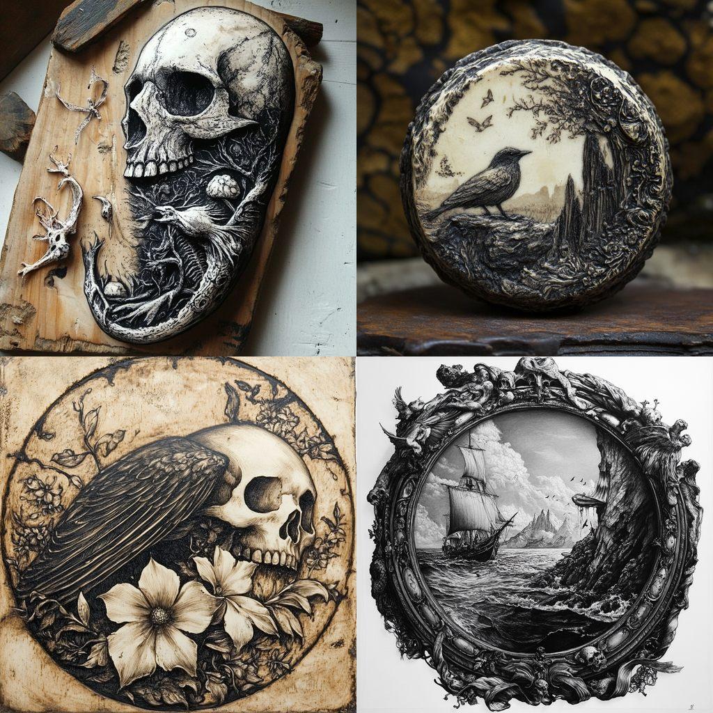 Scrimshaw style, Midjourney V6.1, render 1 of 4