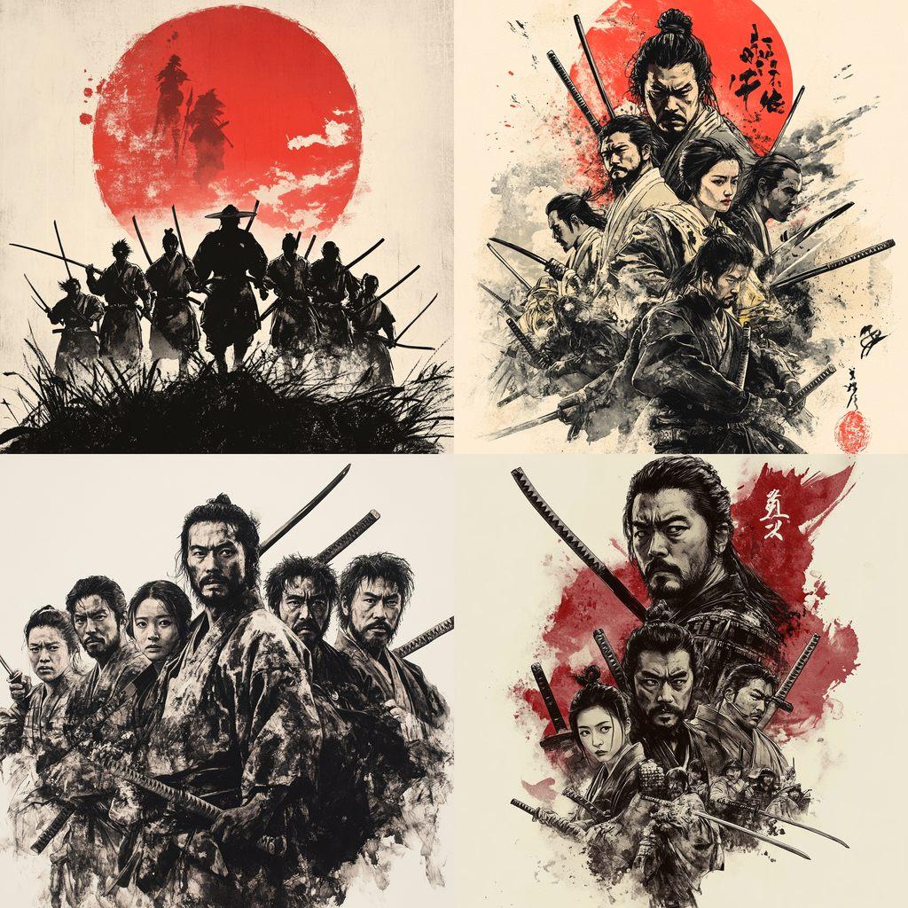 Seven Samurai style, Midjourney V6.1, render 1 of 4