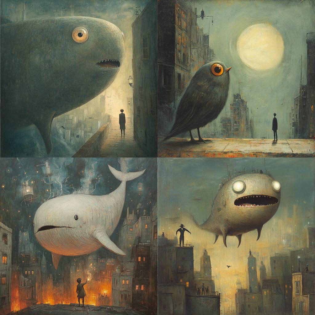 Shaun Tan style, Midjourney V6.1, render 1 of 4