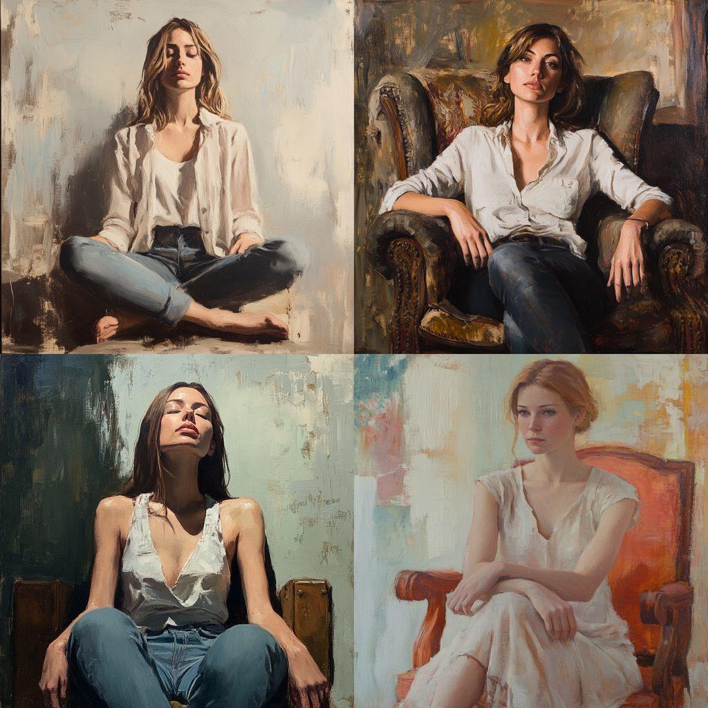 Sitting portrait style, Midjourney V6.1, render 1 of 4