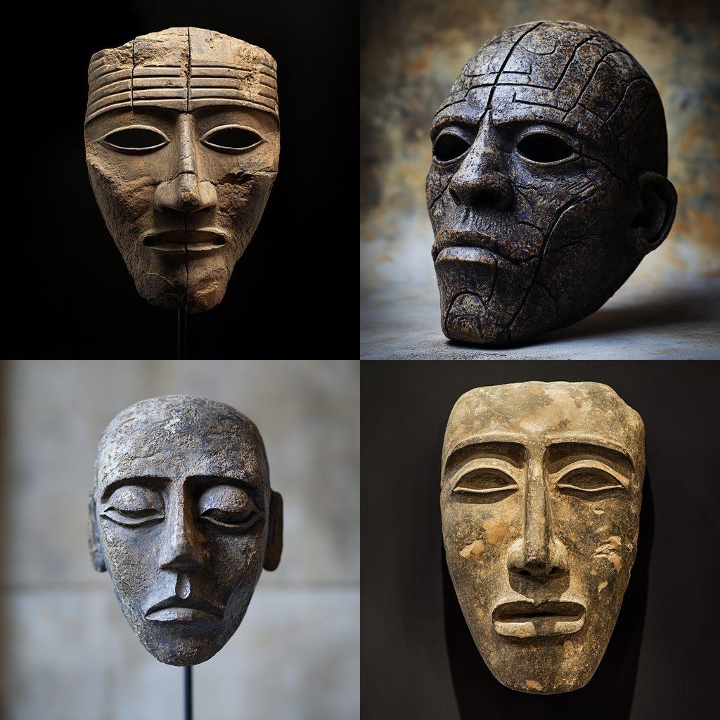 Sumerian death mask style, Midjourney V6.1, render 1 of 4