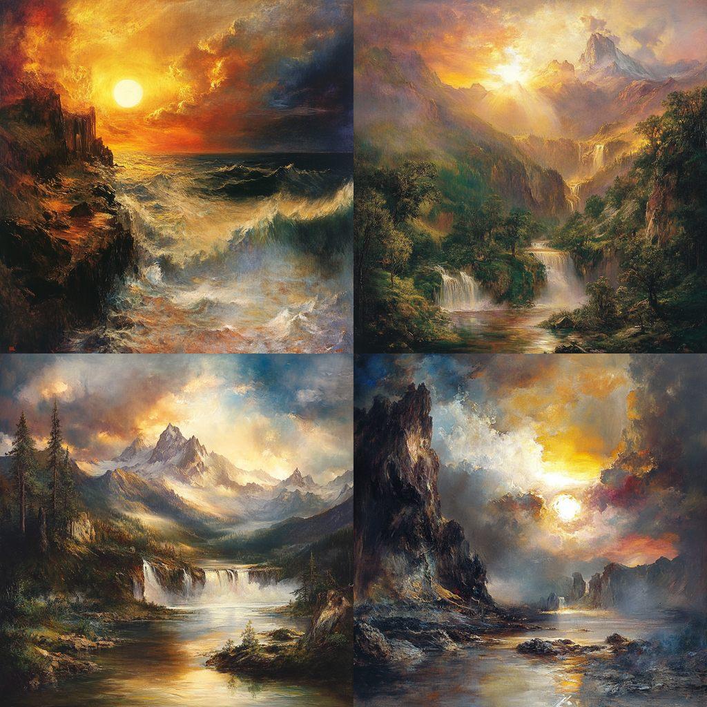 Thomas Moran style, Midjourney V6.1, render 1 of 4