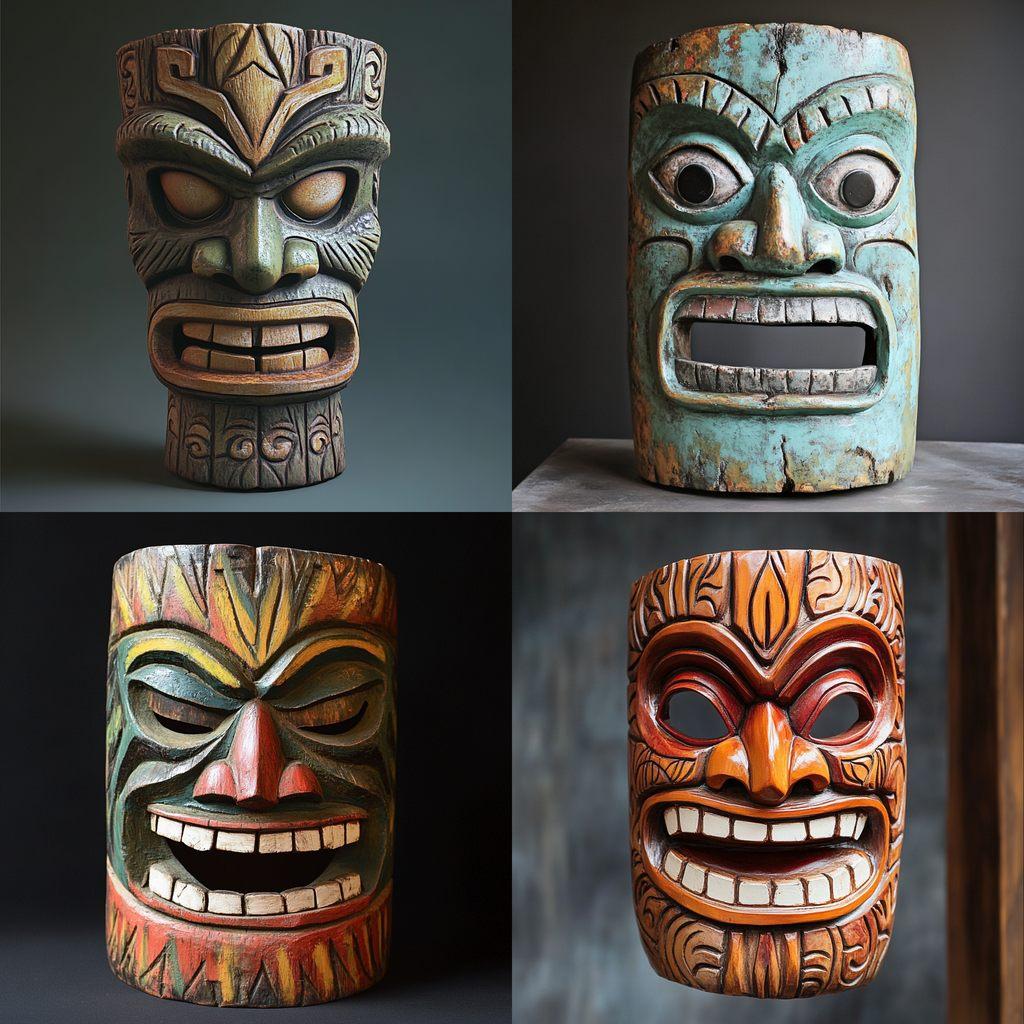 Tiki mask style, Midjourney V6.1, render 1 of 4