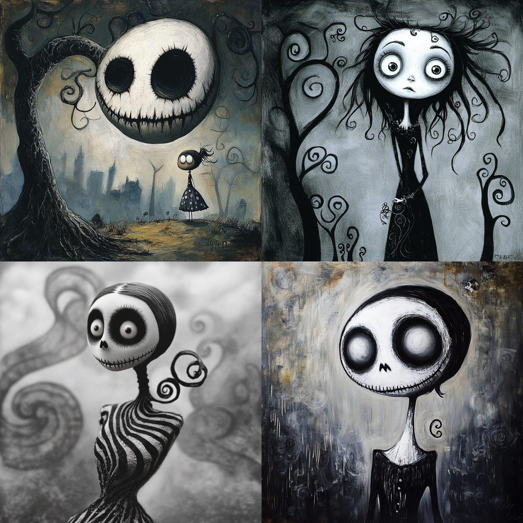 Tim Burton style, Midjourney V6.1, render 1 of 4