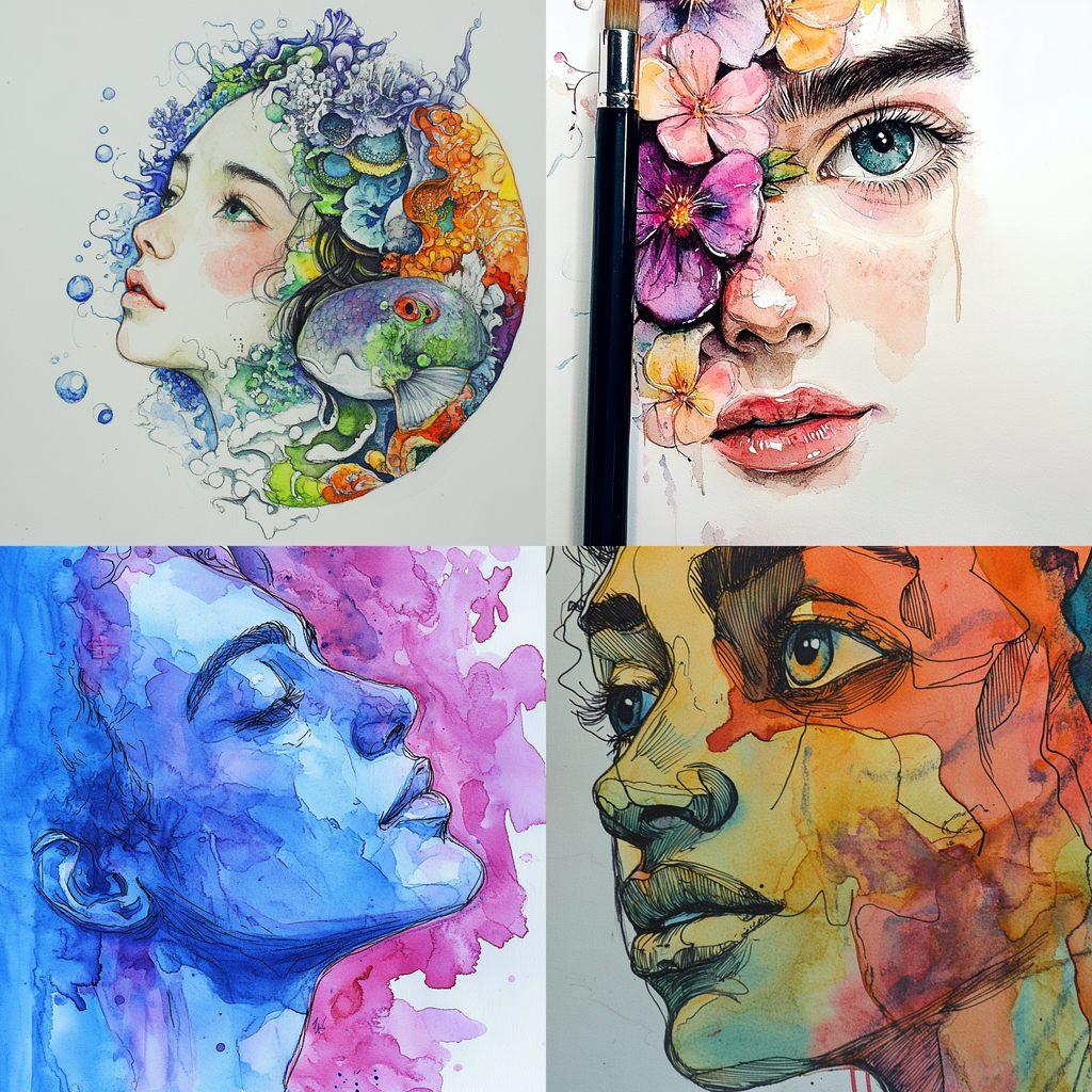 Watercolor with ink pen outline style, Midjourney V6.1, render 1 of 4