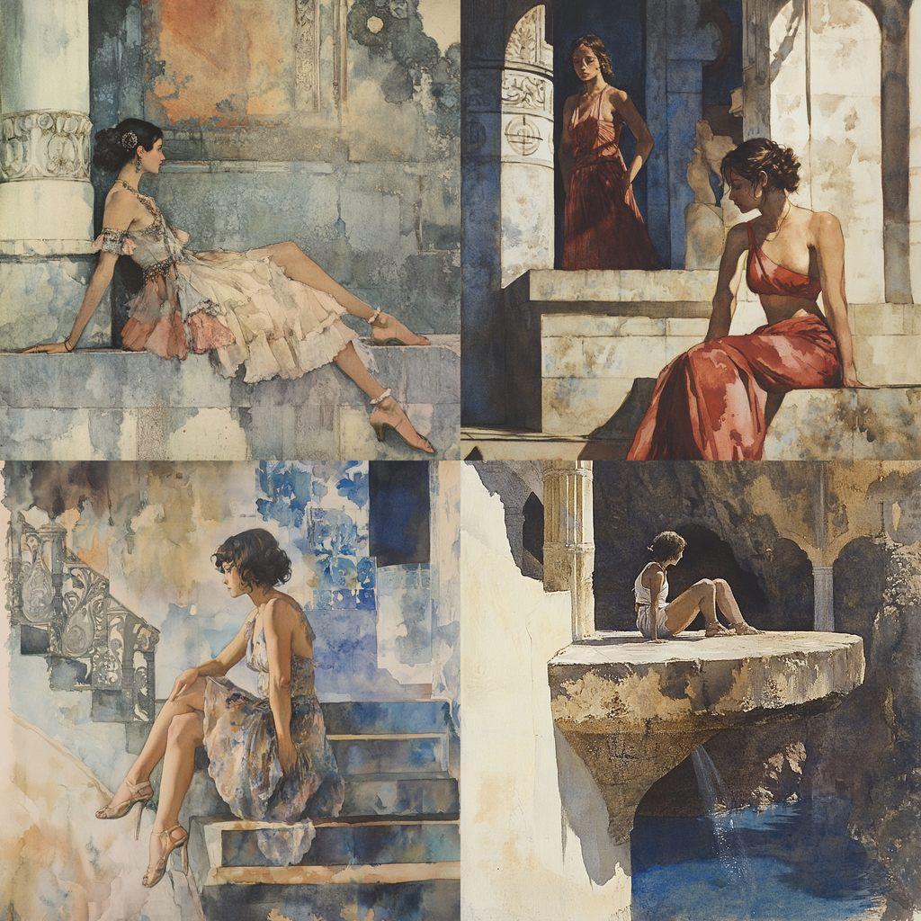 William Russell Flint style, Midjourney V6.1, render 1 of 4