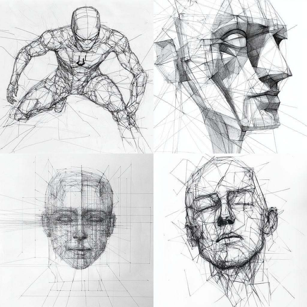 Wireframe drawing style, Midjourney V6.1, render 1 of 4
