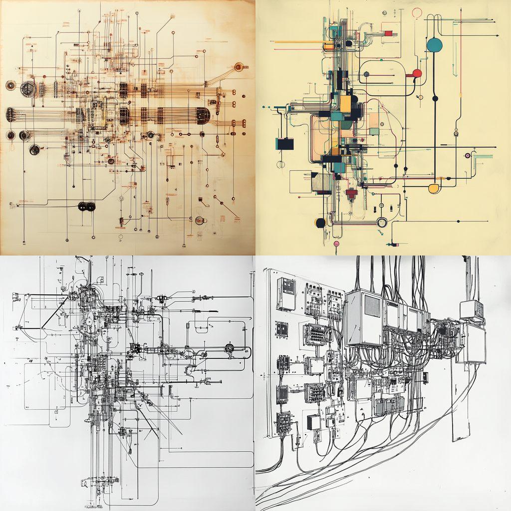 Wiring diagrams style, Midjourney V6.1, render 1 of 4