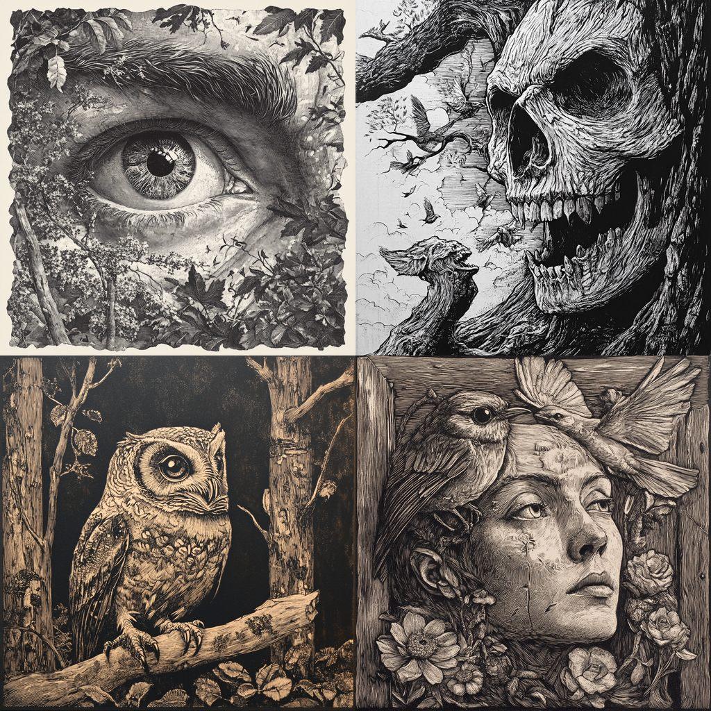 Wood engraving style, Midjourney V6.1, render 1 of 4