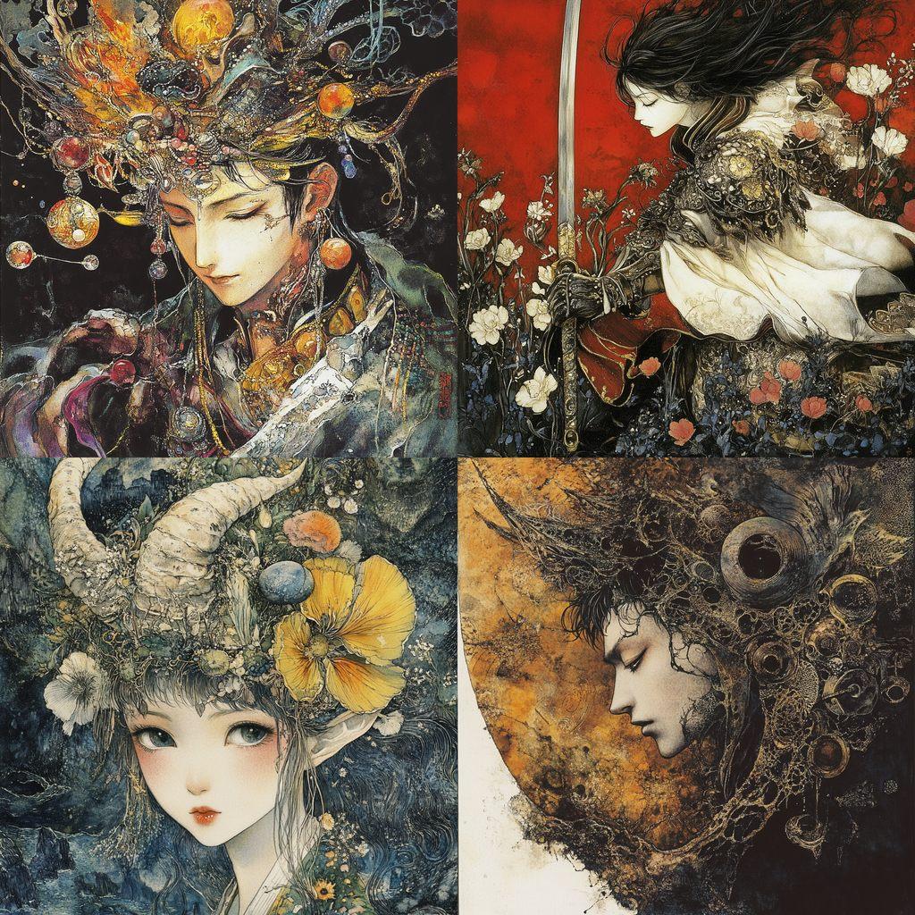 Yoshitaka Amano style, Midjourney V6.1, render 1 of 4