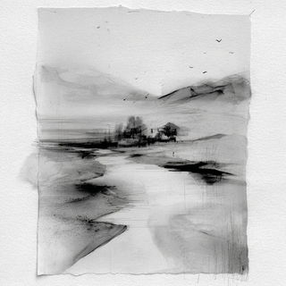 Washfracture style, Midjourney V7: realistic landscape photograph of quiet dawn