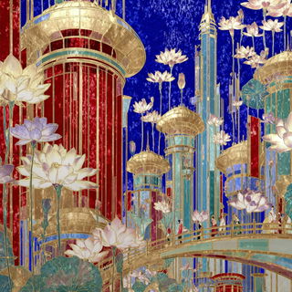 Haveli Goldwork style, Midjourney V7: megacity with futuristic bioarchitecture