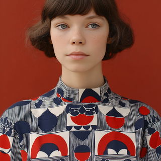 Lanternstripe Procession style, Midjourney V7: photographic portrait of female protagonist
